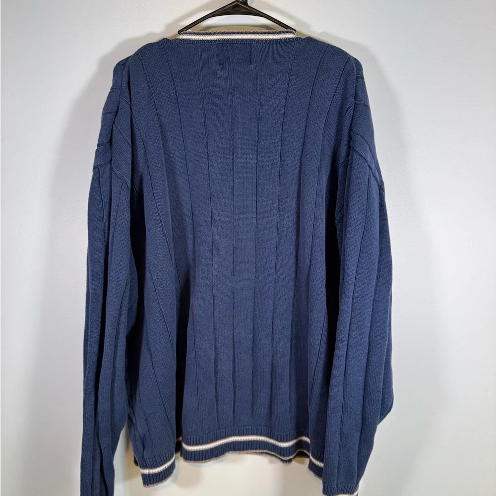 Vintage 90s Lee Sport Men’s XL Blue Ribbed V-Neck Sweater Striped Trim Preppy